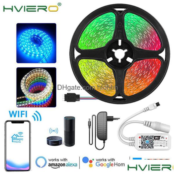 Tiras de luz de tira con 2835 5050 RGB LED Luces 5M Safe Epoxy Wifi Voz Bluthtooth Teléfono inteligente Aplicación Controlador Lámpara decorativa Dhljo