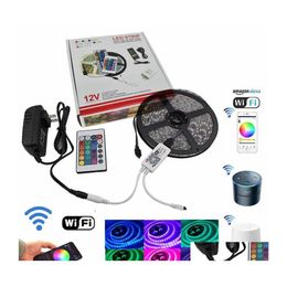 LED -strips WiFi RGB Strip Light SMD Tape DC12V Waterdicht lintdiode 5m Flexibel en controller Toevoegen Voedingsdruppel