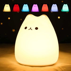 LED Touch Sensor Silicone Cute Cat Lights 7 Color Table Lamp Eye Protection Bedroom Bedside Nightlight Gift Children HKD230628