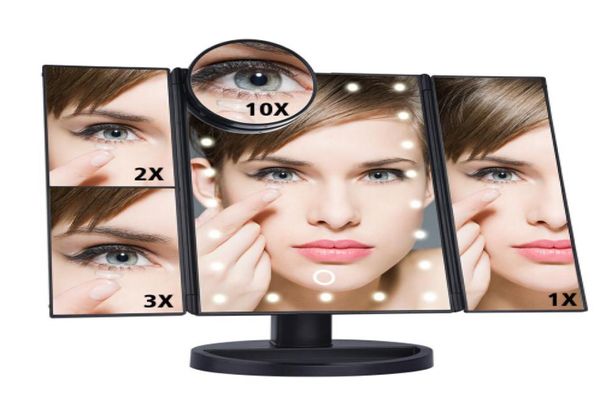 LED táctil Sn 22 maquillaje ligero espejo mesa maquillaje de escritorio 1X/2X/3X/10X espejos de aumento tocador 3 espejo ajustable plegable 4468308