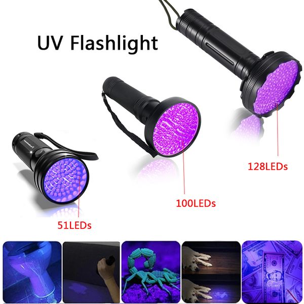 Lámpara de antorcha ultravioleta Led UV 395nm longitud de onda 51 100 128 LED linterna Detector de luz negra para mascotas secas orina manchas de mascotas cama chinche