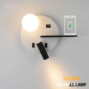 Applique murale LED avec interrupteur Chambre à coucher Éclairage intérieur Lampe de chevet avec USB LED Lecture Boule de cristal Applique murale Luminaria 210724