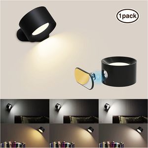 Applique murale LED, 24 appliques murales LED alimentées par batterie, gradation boule magnétique rotative à 360 °, contrôle tactile, veilleuses pour chambre à coucher armoire de chevet intérieur USB