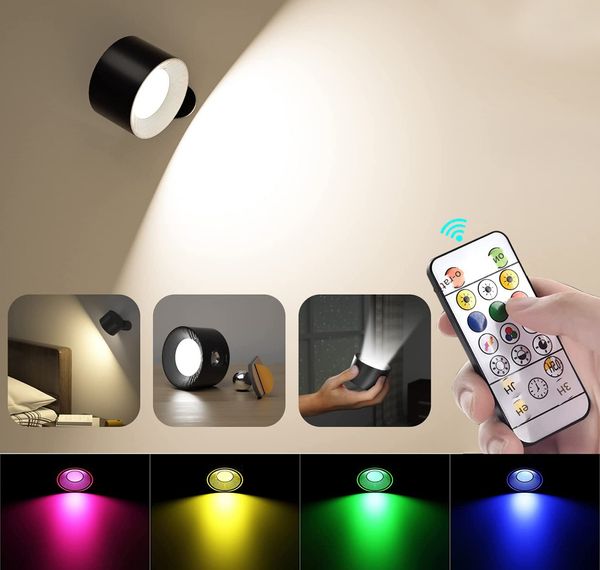 Aplique de pared LED, lámparas de pared de 24 LED alimentadas por batería, bola magnética giratoria RGB de 360 °, control remoto, luces nocturnas para dormitorio, mesita de noche, armario, interior, USB