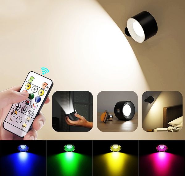 Apliques de pared LED, lámparas de pared con atenuación alimentada por batería Bola magnética giratoria de 360 °, control remoto, luces nocturnas RGB para dormitorio Mesita de noche interior 24LED
