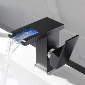 LED Waterfall Bathroom Basin Faucet, Single Handle Cold Hot Water Mixer Sink Tap RGB Color Change Powered by Water Flow