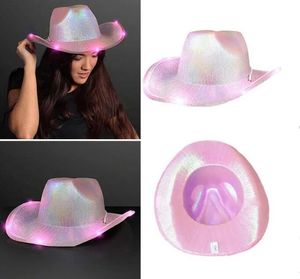 LED Wit Oplichtende Ruimte Cowboyhoeden Neon Cowgirl Hoed Holografische Rave Fluorescerende Hoeden Met Verstelbaar Winddicht Koord Voor Halloween Kostuum Accessoires