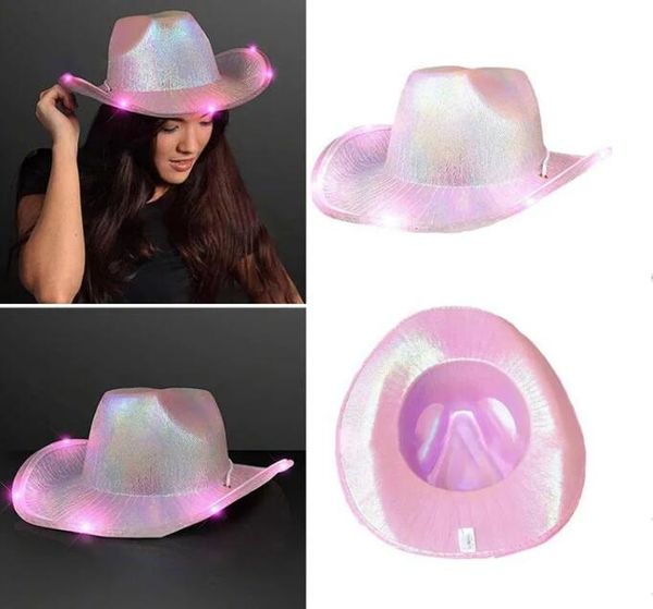 Sombreros de vaquero espaciales con luz blanca LED, sombrero de vaquera de neón, sombreros fluorescentes rave holográficos con cordón ajustable a prueba de viento para accesorios de disfraces de Halloween