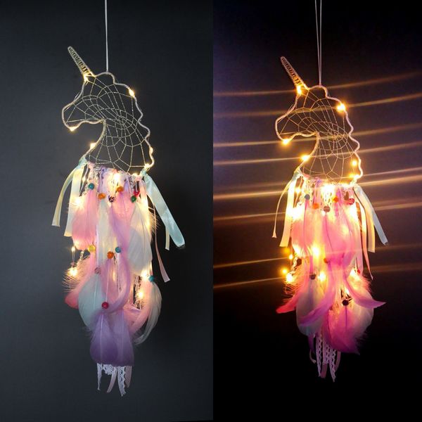 4 couleurs LED carillons éoliens à la main Dreamcatcher lampes plume pendentif attrape-rêves créatif suspendu artisanat souhait cadeau décoration de la maison C6756