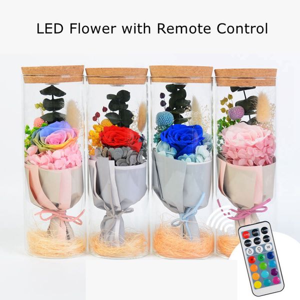 LED souhaitant une bouteille préservée-fraîche-fleur dans un dôme en verre, 23cm Petit cadeau d'anniversaire créatif Préservé de roses fraîches Cadeaux de la Saint-Valentin