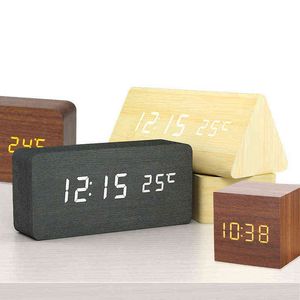 LED Houten Wekker Horloge Tafel Voice Control Wake Up Light Digital Wood Clock Alarm USB / AAA Powered Clocks Tafel Home Decor 2111111