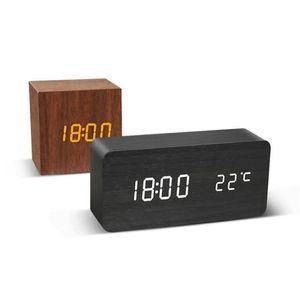 LED réveil en bois montre Table commande vocale numérique bois électronique bureau USB AAA alimenté horloges Table Decor272h