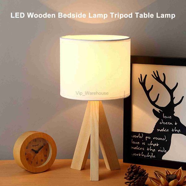 Lampe de chevet LED en bois trépied lampe de table abat-jour en lin blanc vintage pour chambre salon douille E27 (ampoule non incluse) HKD230807