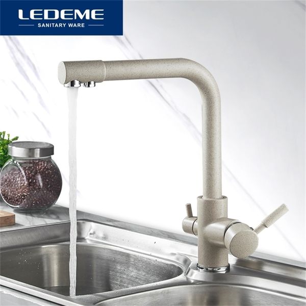 LEDEME Grifo de cocina Caño doble Filtro de agua potable Punto Latón Purificador Grifo Recipiente Fregadero Grifo mezclador Torneira L4055-3 210719