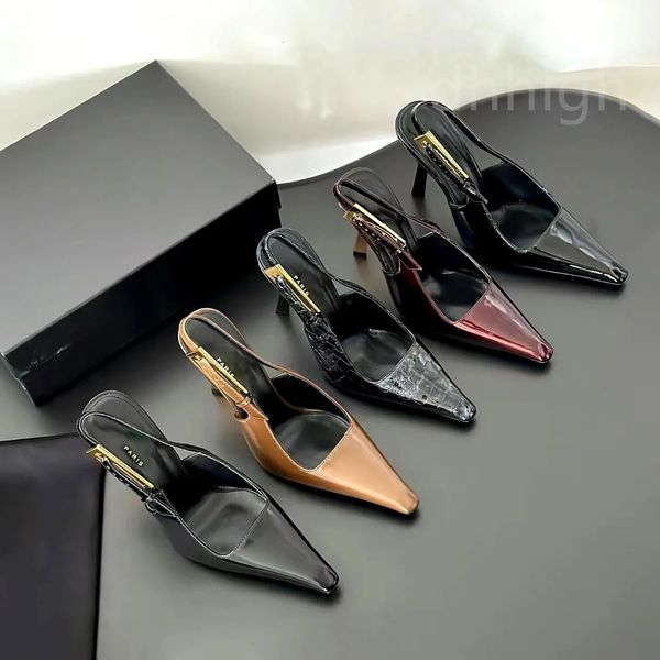 LEE miroir en cuir Slingback sandale pantoufle talons aiguilles boucle femmes de luxe concepteur été sexy robe de soirée chaussures fille mocassins soirée talon haut 7-9 cm