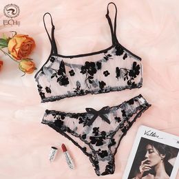 Leechee Lingerie Set Bloemen Volledige Cup Beha Voor Vrouwen Mode Mesh Sexy Ondergoed Intieme Ruches En Panty 240202