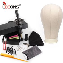 leeons Kit de fabrication de perruque Tête de mannequin Tête de bloc de toile Porte-perruque 11pcs Outils de fabrication Dome Cap Peigne à cheveux Brosse Filet à cheveux Pins265A