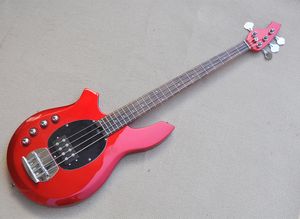 Guitare basse électrique rouge en métal à 4 cordes, main gauche, avec touche en palissandre