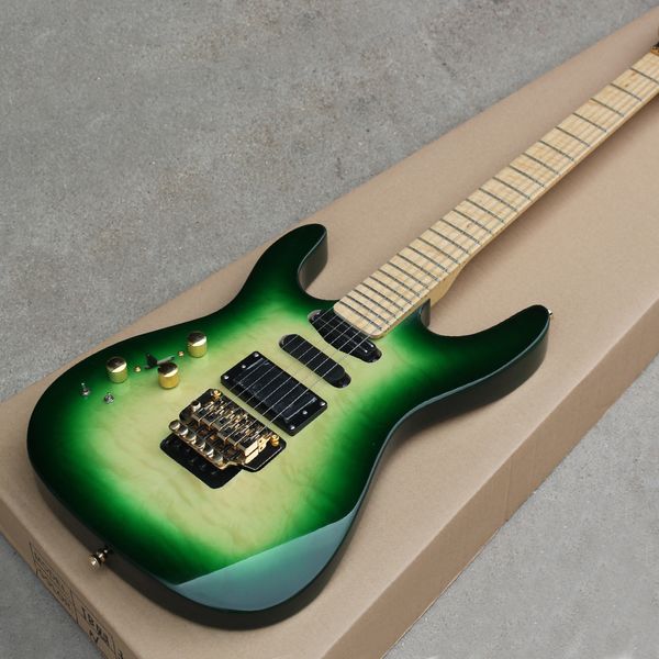 Guitare électrique verte 6 cordes main gauche avec touche en érable Floyd Rose placage en érable matelassé personnalisable