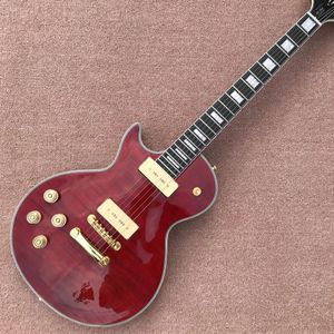 Linkerhand aangepaste elektrische gitaar, 2 P90 pickups, Flame Maple Top, transparant rode kleur, palissander toets, gratis verzending