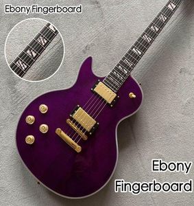 Main gauche Custom LP Guitare Guitare Purple Couleur Tiger Flame Top à la main 6 piqûres en acajou Gitaar Ebony Fingerboard4103185