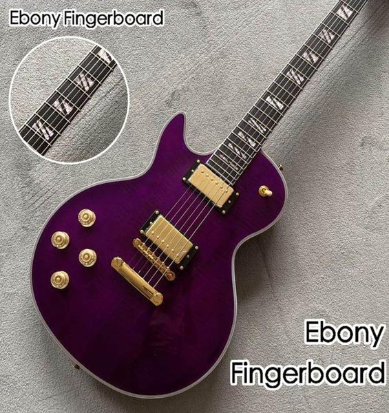 Main gauche Custom LP Guitare Guitare Purple Couleur Tiger Flame Top à la main 6 piqûres en acajou Gitaar Ebony Fingerboard4103185