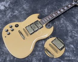 Crema de guitarra eléctrica de mano izquierda Color vendido Piezas doradas Pastillas HHH Tune o Matic Bridge y Stop Tail Encuadernación blanca Finge de palisandro