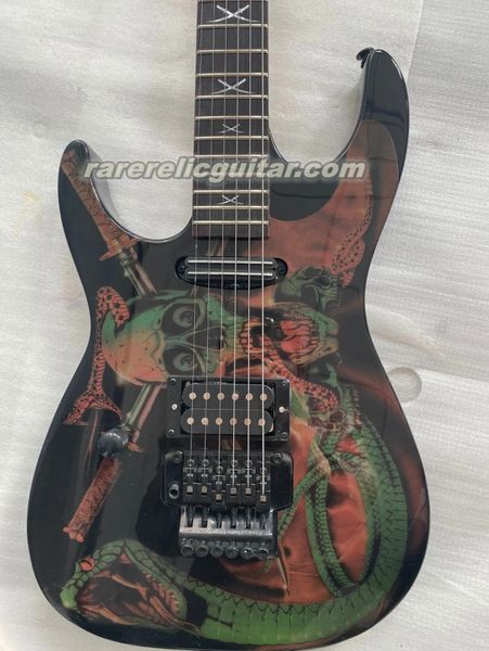 Main gauche George Lynch Skulls Snakes Guitare électrique Lefty Floyd Rose Tremolo Bridge Écrou de verrouillage Crâne Épées Incrustation Touche en palissandre Matériel noir