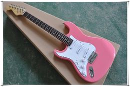 Guitarra eléctrica rosa para mano izquierda con diapasón de palisandro, golpeador blanco, herrajes cromados, se puede personalizar