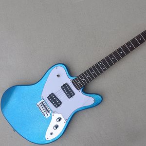 Guitarra eléctrica azul espolvoreada con la mano izquierda con camionetas humbuckers