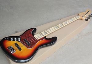 Guitare basse électrique 4 cordes tabac sunburst pour gaucher avec pickguard perlé rouge, touche en érable avec incrustation perlée blanche