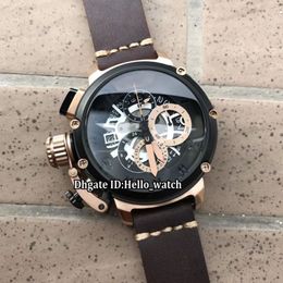 Gaucher 50 mm U-51 U51 Chimère Bronze 7474 Squelette Cadran Noir Quartz Chronographe Montre Homme Chronomètre Lunette Noire Cuir Stra314w