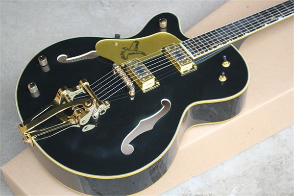 Zurdo Black Falcon Jazz Guitarra eléctrica G6120 Cuerpo semihueco Diapasón de ébano Sintonizadores imperiales coreanos Gold Sparkle Binding Double F Hole Bigs Tremolo