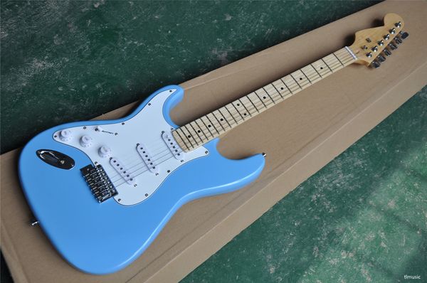 Guitare électrique à corps bleu pour gaucher avec pickguard blanc, manche en érable, micros 3S, matériel chromé, offre des services personnalisés