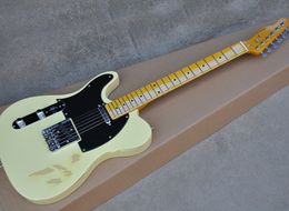 Linkshandige lichtgele retro elektrische gitaar met gele esdoorn fretboard, zwarte pickguard, kan worden aangepast