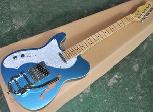 Linkshandige metalen blauwe semi-holle elektrische gitaar met Tremolo-sytem, ​​wit gepareld pickguard, esdoorn fretboard, kan worden aangepast