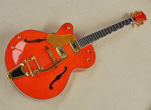 Guitare électrique semi-creuse orange pour gaucher avec touche en palissandre, quincaillerie dorée, peut être personnalisée