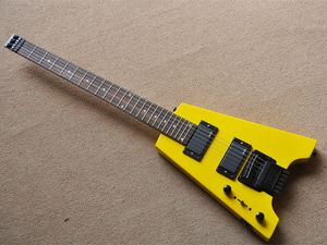 Guitare électrique sans tête jaune pour gaucher, avec micros EMG, touche en palissandre, 24 frettes, peut être personnalisée sur demande