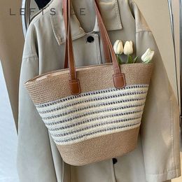 Leftside Big Stripe Straw onderarmzakken voor vrouwen 2024 Zomerschoudertassen Lady Travel Handtassen Vrouw weven Tote Bag W5O9#