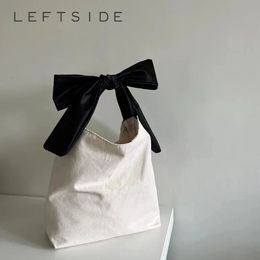 Leftside Japanse stijl Eenvoudig Big Bow Design zachte canvas schoudertassen voor vrouwen Tote Bento Bag Handtassen en portemonnees 240403