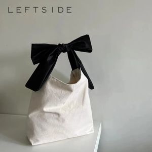 Leftside Japanse stijl Eenvoudig Big Bow Design zachte canvas schoudertassen voor vrouwen Tote Bento Bag Handtassen en portemonnees 240328