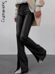 Leggings Cryptographic Chic Fashion Pu Leather High Rise Flare Pants Club Party Casual Sexy Split Pants For Women Trousers Pant Gothic