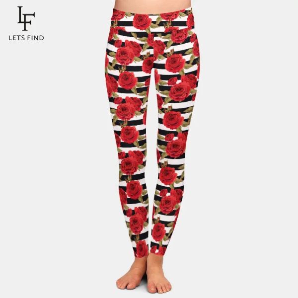 Leggings gran oferta moda 2019 mallas elásticas altas para mujer patrón de rosas rojas mallas estampadas de cintura alta de seda de leche