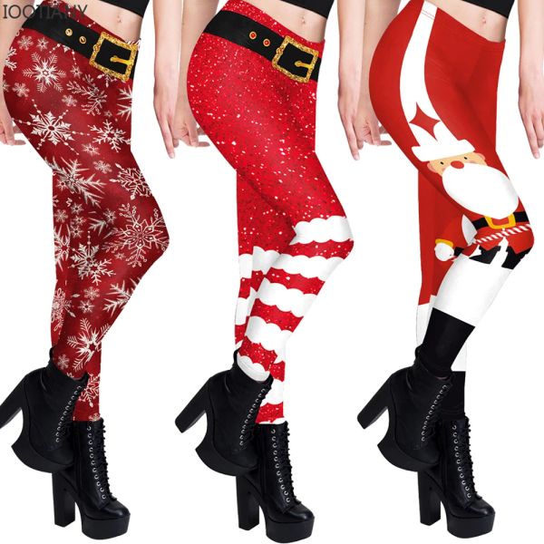 Leggings iOOtiany Christmas Women's Leggings Snowflake Santa Striped Imprim Automne Hiver High Taies Elastic Sexy Skinny Leggins