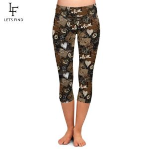 Leggings LETSFIND mode nouveau café et coeur impression doux femmes Capri Leggings taille haute Fitness mince mi-mollet Leggings