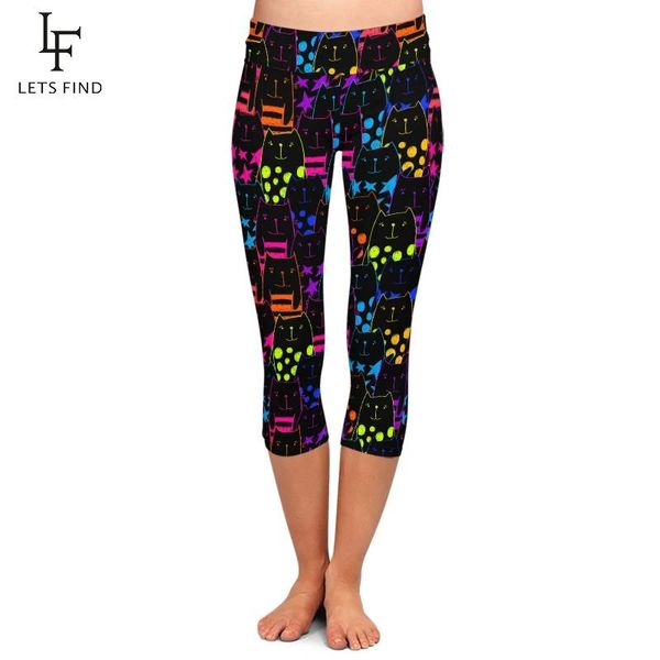 Leggings LETSFIND fluorescente gato de dibujos animados Impresión Digital mujeres Capri Leggings cintura alta MidCalf 3/4 Stretch mujeres Leggings