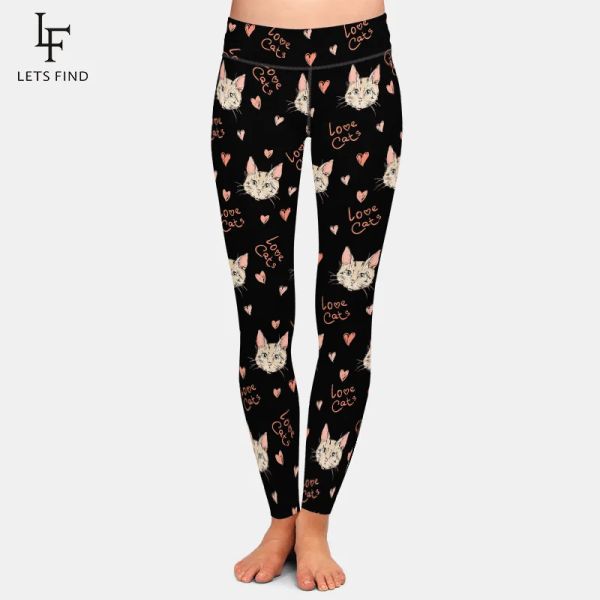 Leggings LETSFIND nuevos pantalones de mujer con estampado de seda de leche cepillada de doble cara 220gsm, mallas suaves de cintura alta con estampado de gatos amorosos a la moda