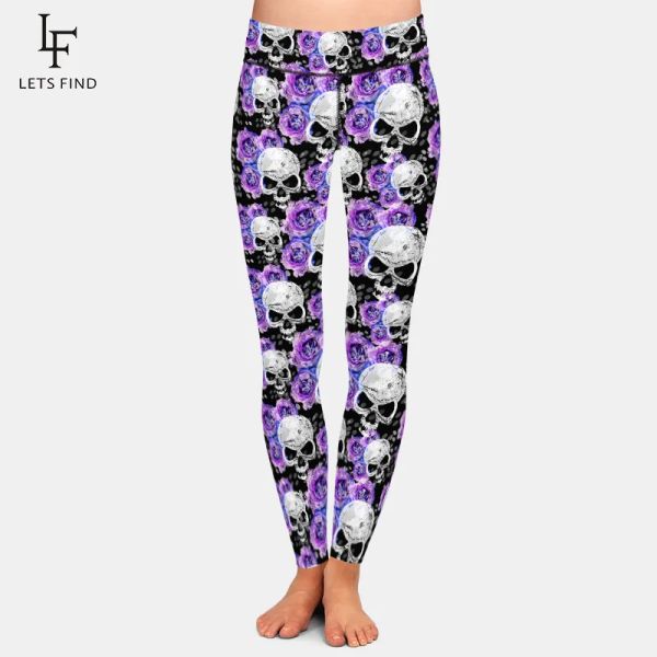 Leggings LETSFIND nueva llegada 3D gótico flores y estampado de calaveras Leggings de cintura alta mujeres Fitness Slim Sexy Leggings elásticos