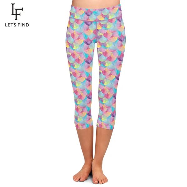 Leggings LETSFIND novedad de verano acuarela sirena pez diseño de escamas estampado mujeres Leggings moda alta cintura Sexy Capri Leggings