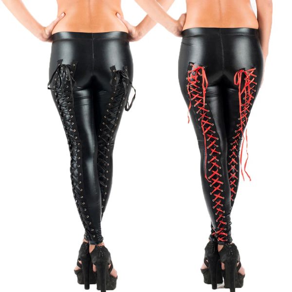 Leggings Mujer con cordones Leggings de cuero Pantalones largos góticos Pantalones negros rojos Legins Punk Leggings Pantalones de cuero de imitación Night Clubwear